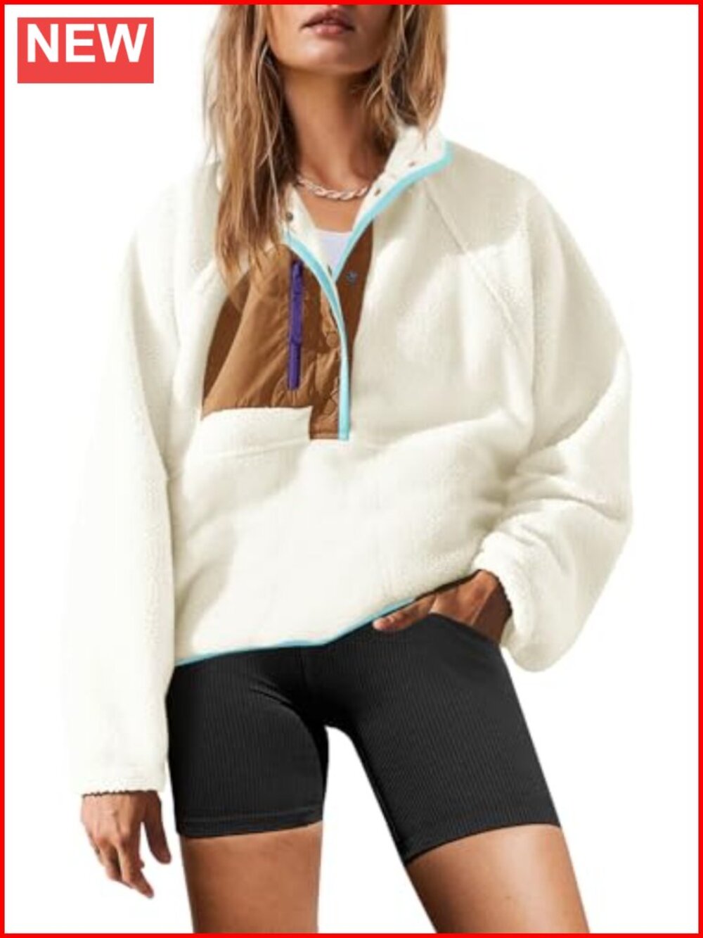 Sherpa Fleece Pullover Sweatshirt Button Down Zip Pockets